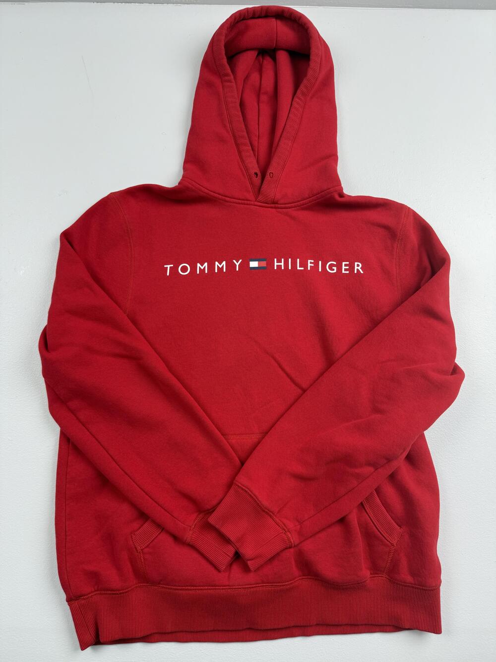 Tommy Hilfiger Hoodie Sweatshirt Mens Large Red Pullover Fleece Spell Out Logo